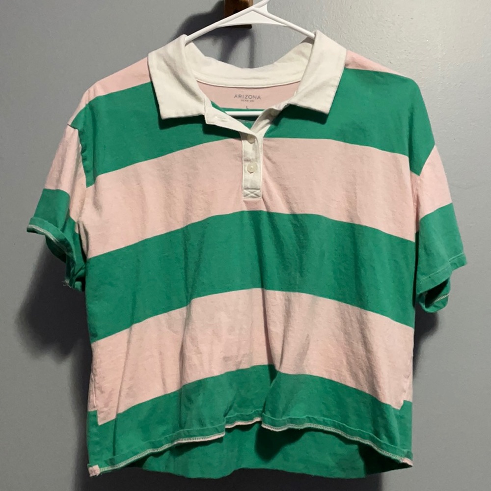 pink and green stripe cropped shirt with a white collar